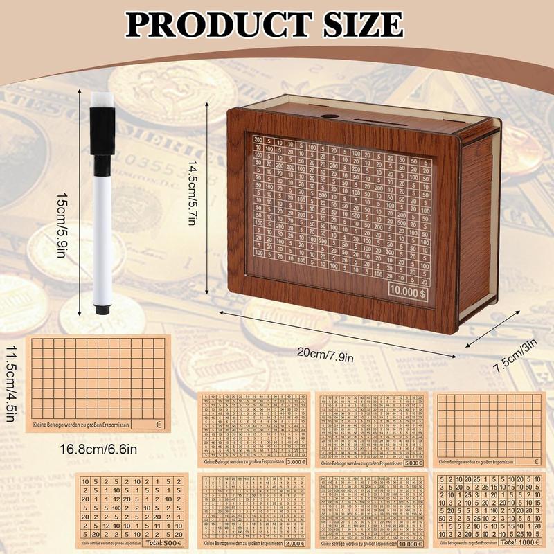 Cash Money Saving Box, Wooden Money Box with Money Target and Numbers, Portable Savings Challenges Money Box with Counter, Cash Saver Box with Marker Pen, Storage Case Money Saving Box