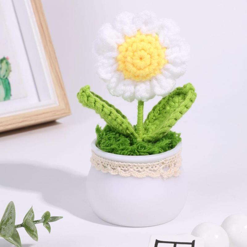 Crochet Daisy Potted Plant, 1 Count Handmade Knitted Potted Flower, Desktop Ornament, Home Decorations, Crochet Artificial Flower with Exquisite Pot