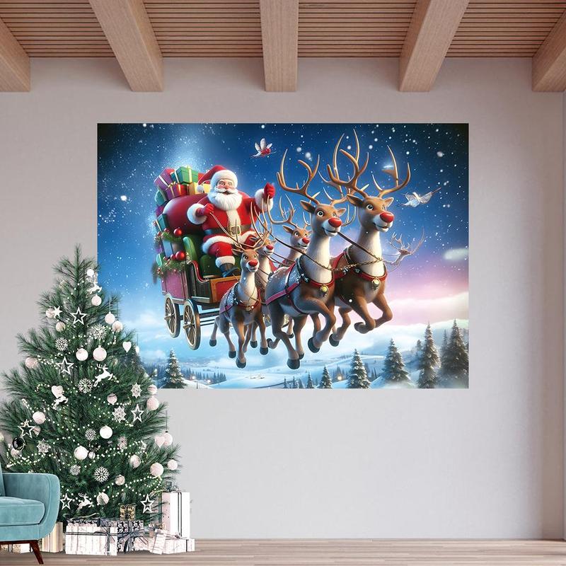 Christmas Themed Backdrop, 1 Count Santa Claus & Reindeer Pattern Backdrop, Party Decoration Supplies for Home Living Room Yard