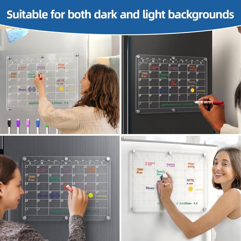 Acrylic Magnetic Calendar for Refrigerator, Clear Monthly Planner and Dry Erase Calendar for Fridge with 8 Colors of Markers, 14.2