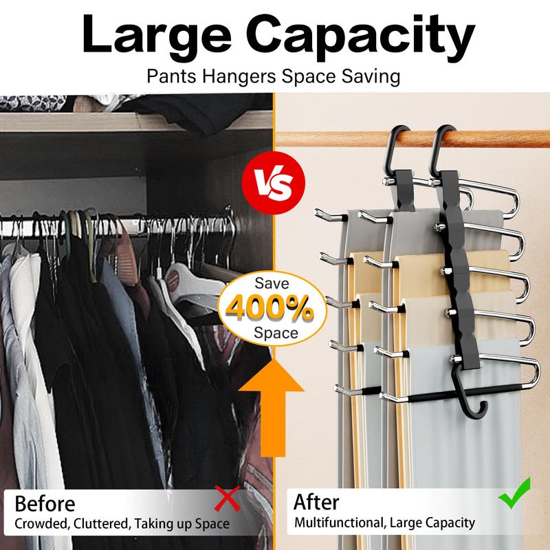 2 Pack Anti-Slip Pants Hangers Space Saving Clothes Hanging 5 Layers, Non Slip Pant Hangers for Closet Organizers and Storage, Stainless Steel Jean Hangers Multifunctional Pants Rack for Trouser, Scarf, Skirt