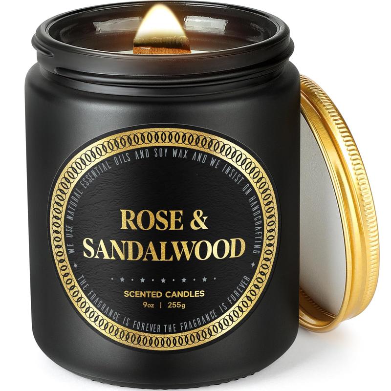 Scented Candles for Men - Rose & Sandalwood Candles for Home Scented | Crackling Wood Wick Soy Candles | Strong Fragranced Masculine Black Candle Gift for Women & Men, 9oz Aroma Decor Perfume Boyfriend Christmas Cozy Jar Mint Freshener Ornaments