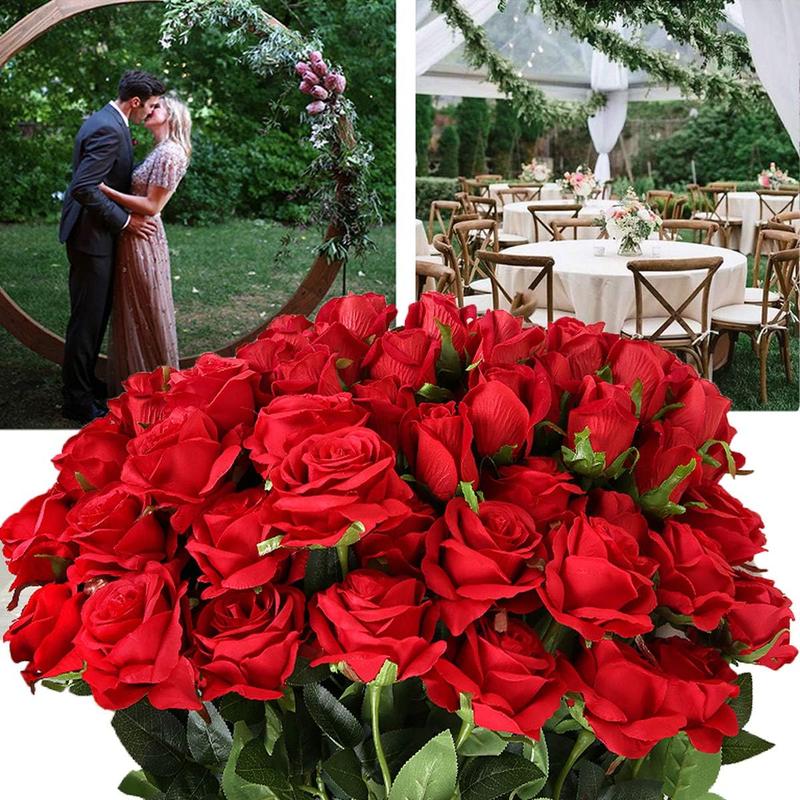 12PCS Artificial Silk Flowers Realistic Roses Bouquet Long Stem for Home Wedding Decoration Party A-Red -1