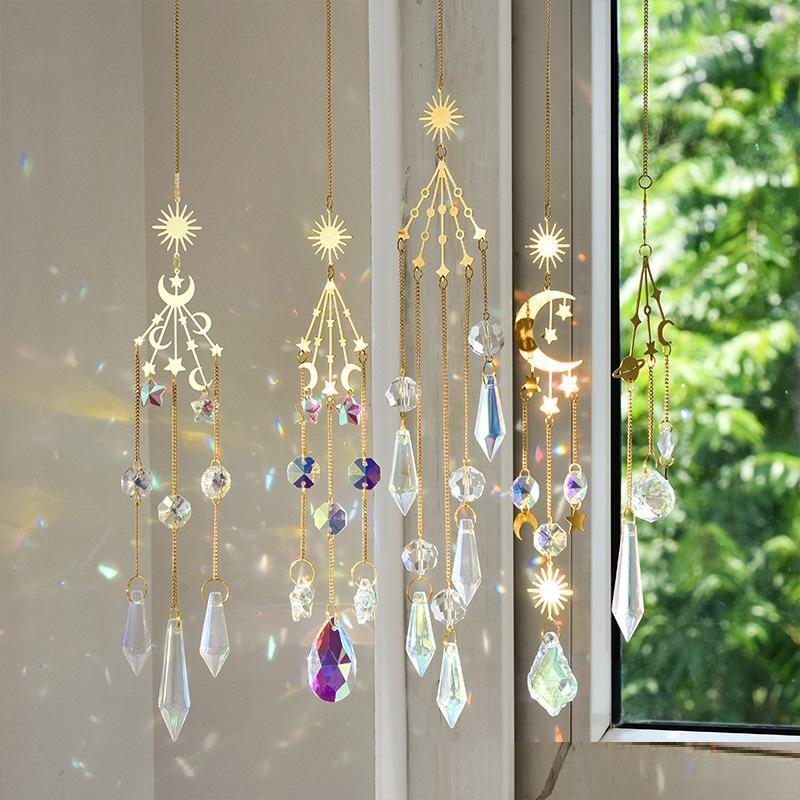 Sun Catcher Hanging Decor, 5 Counts set Artificial Crystal Sun Catcher with Chain, Hanging Decor for Home Garden Party Wedding