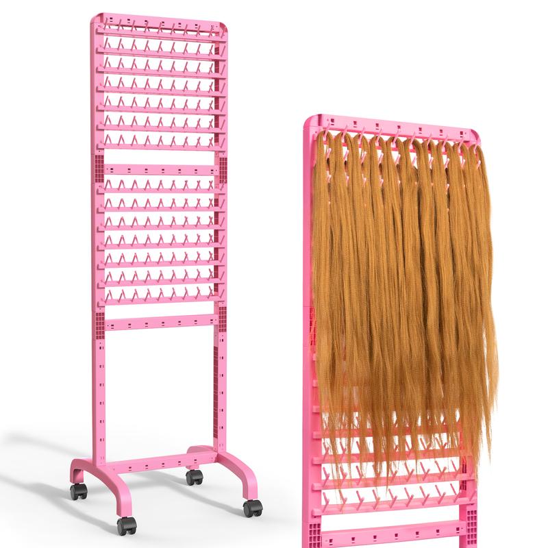 Adjustable Braiding Hair Rack 280 Pegs, 2-Sided Braid Rack for Hair Braiding, Height Adjustable Hair Separator Stand with Wheels, Pink Standing Braid Rack for Braiders Standing for Stylists