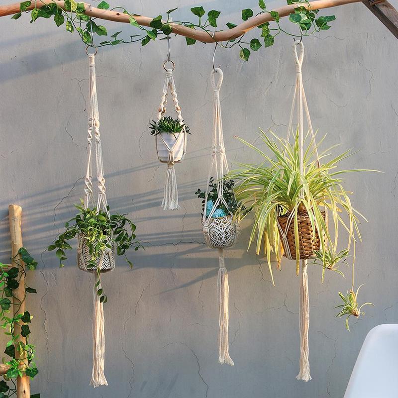 Boho Style Tassel Hanging Decor (1 4 Counts), Woven Tassel Hanging Basket, Boho Rope Braided Plant Pot, Home Decor for Living Room, Bedroom, Garden, Hanging Decor, Home Decor