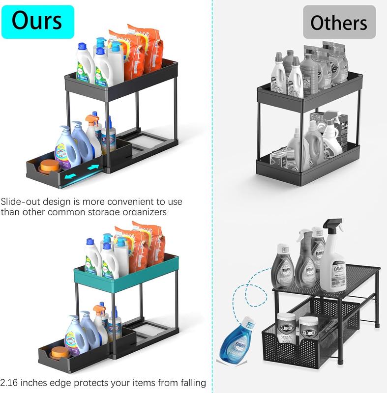 2 Pack Under Sink Organizers! 2-tier sliding cabinet baskets with hooks. Multi-purpose storage for bathroom and kitchen.