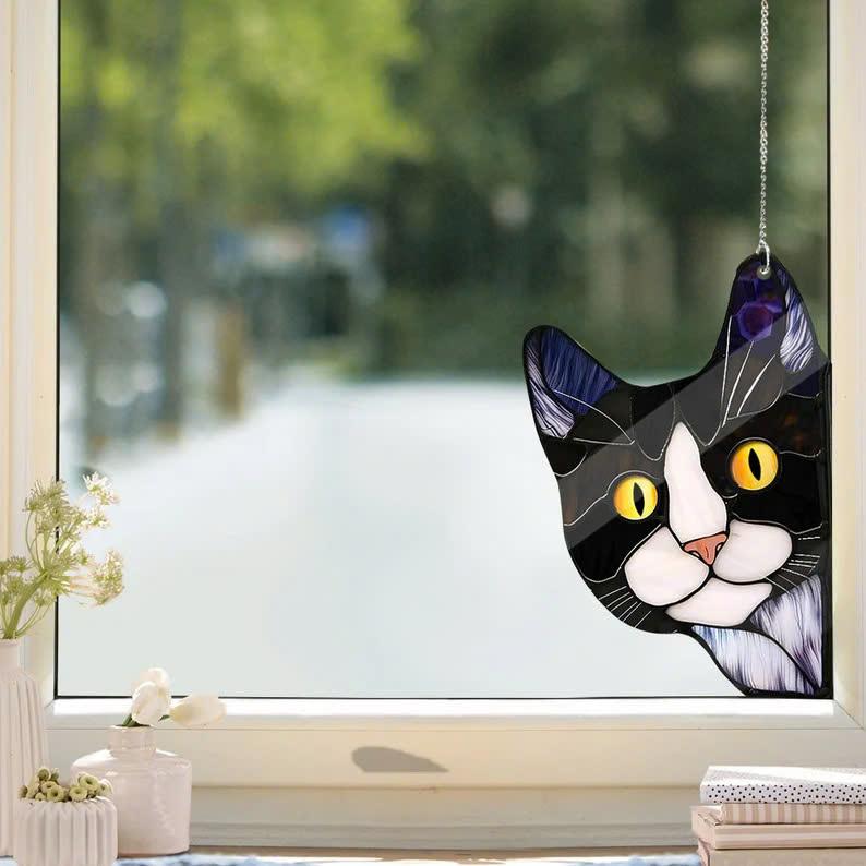 Cute tuxedo cat peeking Acrylic Window Hanging, Cat Mom gift, NOT Suncatcher, Mother's day gift, sneaking cat, Tuxedo cat lover gift