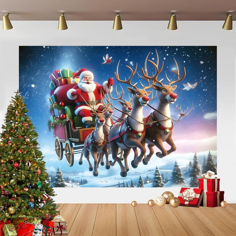 Christmas Themed Backdrop, 1 Count Santa Claus & Reindeer Pattern Backdrop, Party Decoration Supplies for Home Living Room Yard