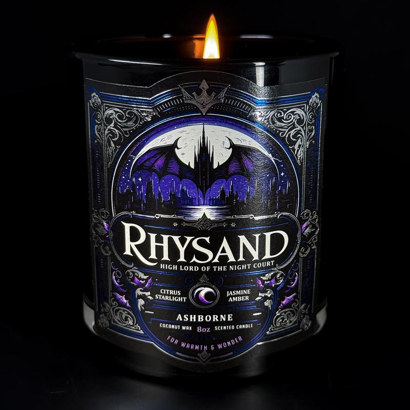 Rhysand - ACOTAR inspired 8oz Scented Candle - Citrus, Jasmine, Sea, Amber, Starlight - Natural Coconut Wax - 35 h Burn Time - Premium Foil Label