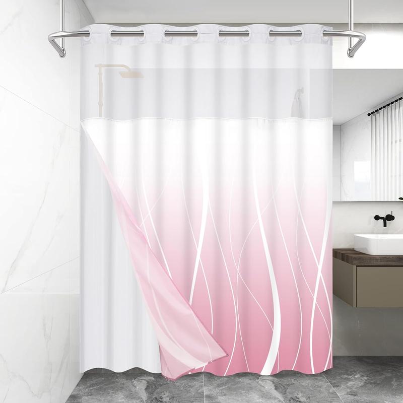 Alishomtll No Hook Shower Curtain with Snap in Liner, Modern Striped Hotel Shower Curtain and Liner Set, Ombre See Through Shower Curtain with Window, Double Layer, Washable