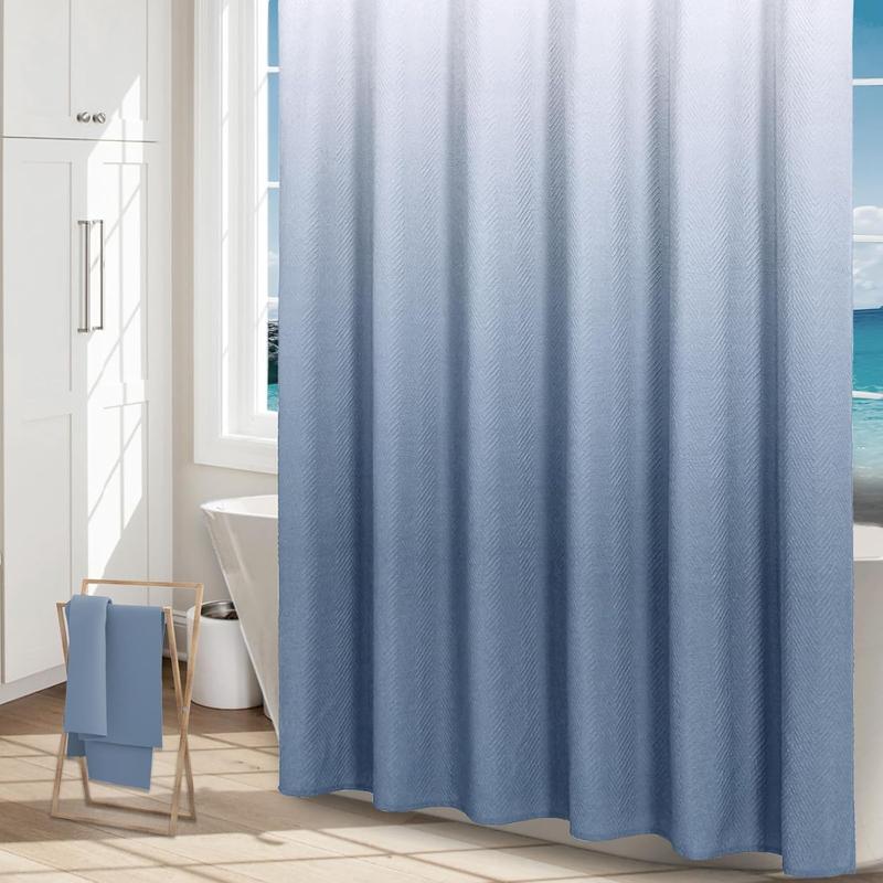 Ombre Blue Shower Curtain, 3D Embossed Textured Herringbone Fabric Shower Curtain, Modern Farmhouse Bathroom Decor Soft Cloth Shower Curtain Set with Hooks, 72x72