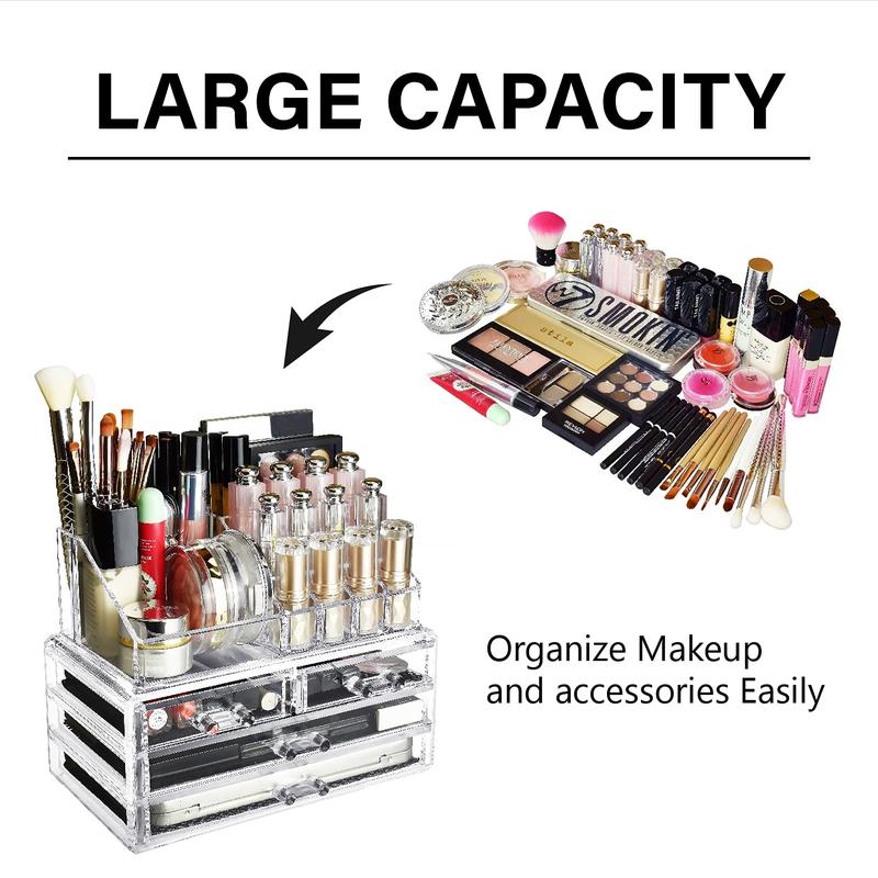 Acrylic Makeup Organizer with 4 Drawers and Removable Top Lipstick Holders, Ideal for Make-up or Accessories,Enhance Your Vanity or Bathroom with Clear Design for Quick Visibility