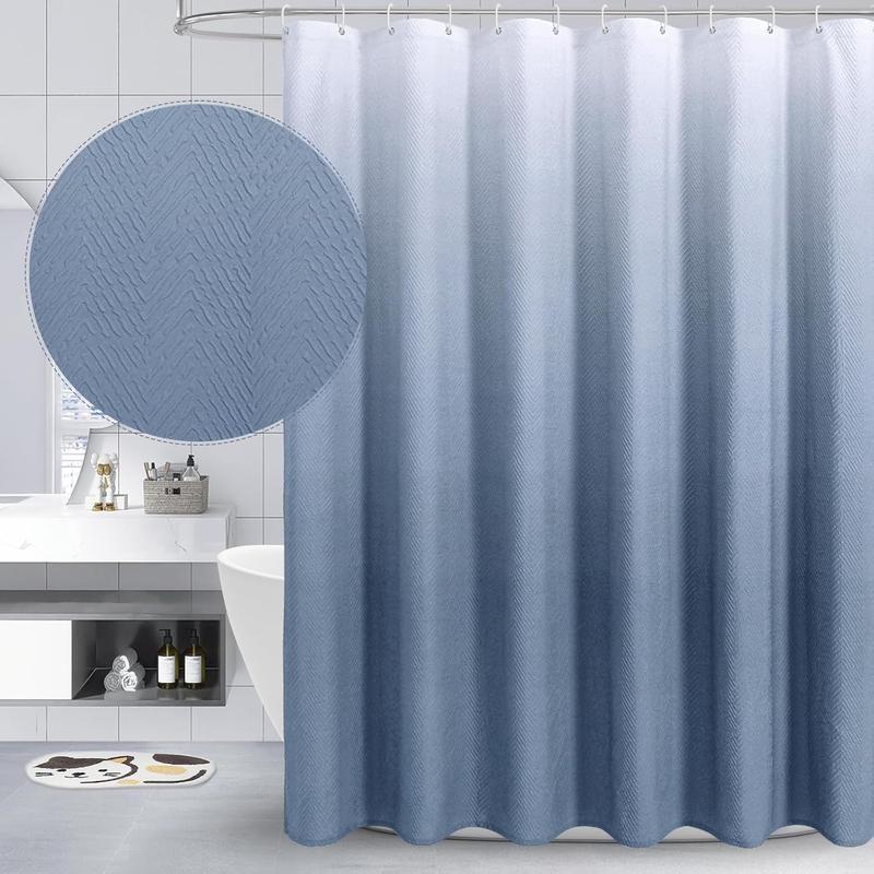 Ombre Blue Shower Curtain, 3D Embossed Textured Herringbone Fabric Shower Curtain, Modern Farmhouse Bathroom Decor Soft Cloth Shower Curtain Set with Hooks, 72x72