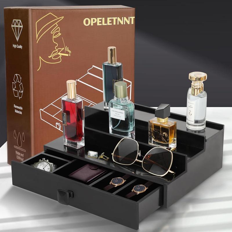 3 Tier Cologne Organizer for Men, Wooden Perfume Organizer with Drawer and Hidden Compartment, Cologne Stand for Display and Storing Colognes and Accessories, as Nice Gift for Men