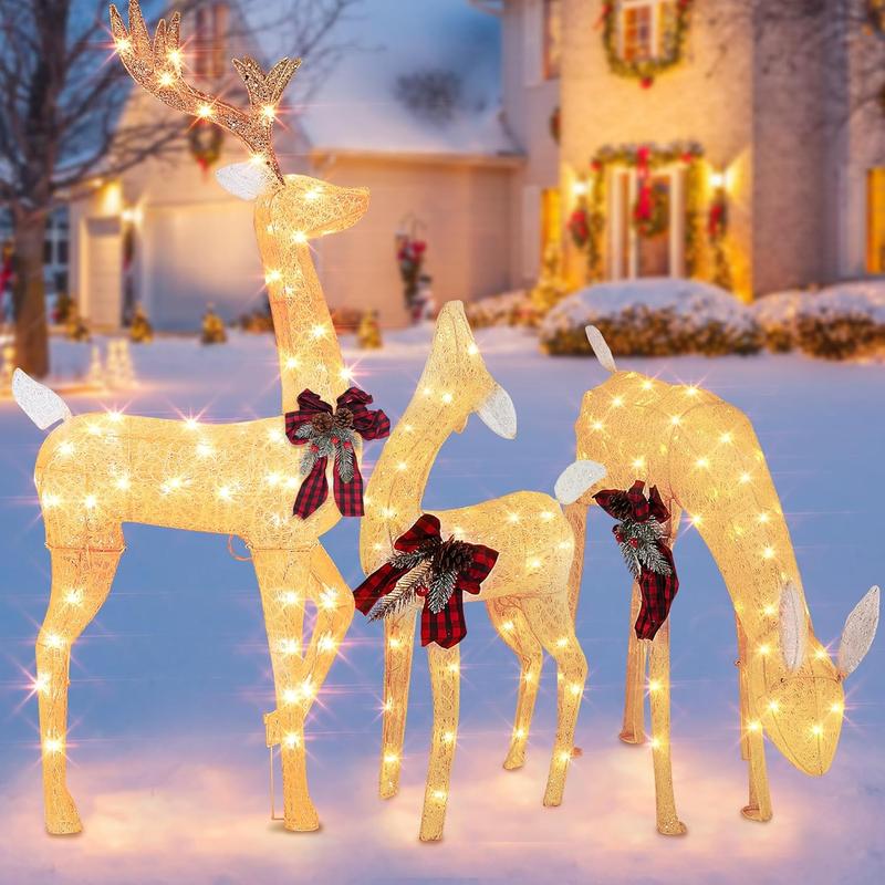 3-Piece Christmas Reindeer Family Set, 4.3Ft 3D Lighted Christmas Decoration with 175 LED, Outdoor Xmas Deer Decorations for Yard Patio Lawn Garden Party Ornaments