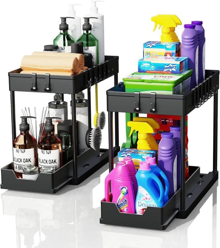 2 Pack Under Sink Organizers! 2-tier sliding cabinet baskets with hooks. Multi-purpose storage for bathroom and kitchen.