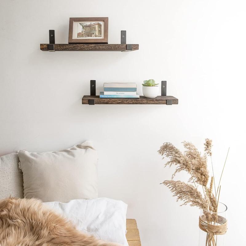 Rustic Wood Floating Shelves Wall Mounted Shelving Set of 2 Decorative Wall Storage Shelves with Lip Brackets for Bedroom, Living Room, Bathroom, Kitchen, Hallway, Office