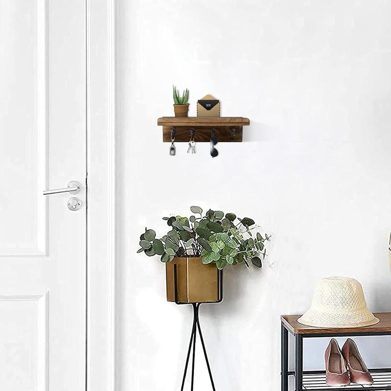 Unique Rustic Key Holder for Wall - Farmhouse Wall Shelf with 4 Hooks, Wall Mounted Key Racks. Durable Wooden Mail Organizer with Hooks for Entryway - Must-Have Accessory