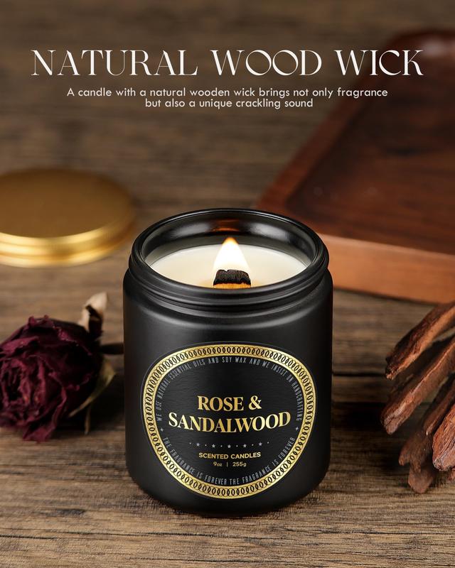 Scented Candles for Men - Rose & Sandalwood Candles for Home Scented | Crackling Wood Wick Soy Candles | Strong Fragranced Masculine Black Candle Gift for Women & Men, 9oz Aroma Decor Perfume Boyfriend Christmas Cozy Jar Mint Freshener Ornaments