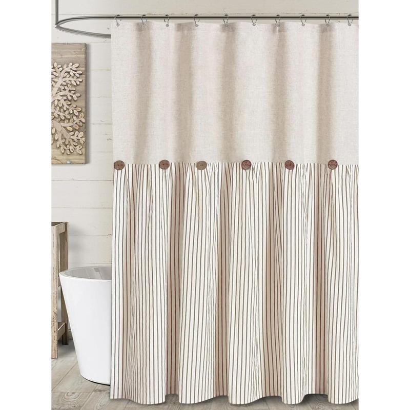 Linen Button Farmhouse Beige Shower Curtain,Linen and Cotton Woven Fabric,Pleated Brown Stripe,Country Style,72x72 Inch