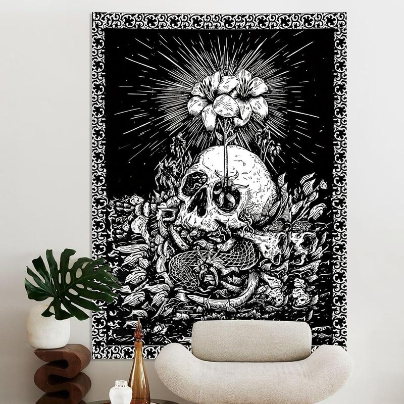 Halloween Black and White Skull Skeleton Goth Wall Decor Tapestry for Bedroom, Goth Punk Floral  Room Decor Tapestries, Tapestry Aesthetic Backdrop for Living Gaming Room College Dorm 35