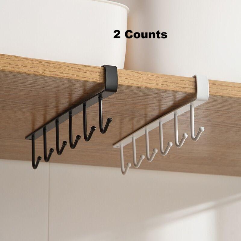 Kitchen Cabinet Hook, 2 Counts Multipurpose Kitchen Organizer with 6 Detachable Hooks, Hanging Storage Rack for Cups & Mugs