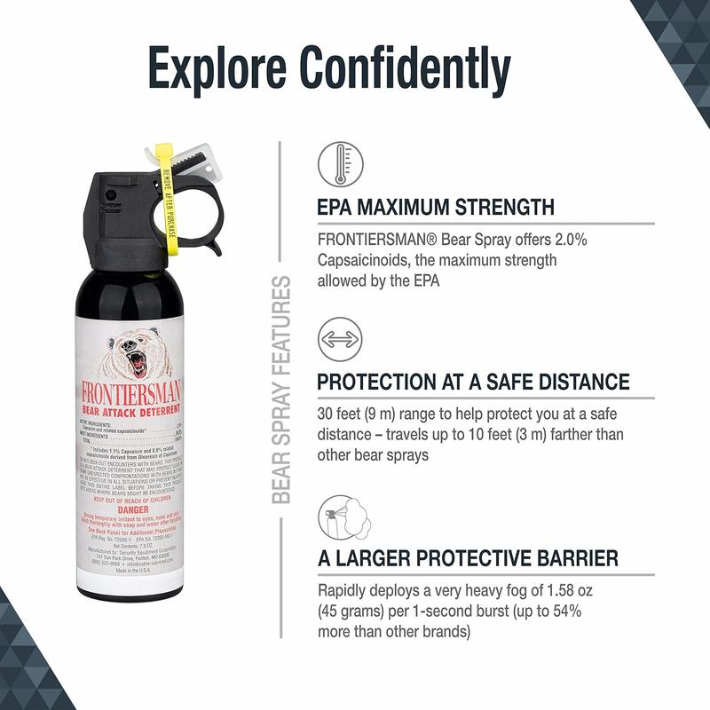 SABRE Frontiersman 7.9 Fl Oz. Bear Spray, Maximum Strength 2.0% Major Capsaicinoids, Powerful 30 Ft. Range Bear Deterrent, Outdoor Camping & Hiking Protection, Quick Draw Holster & Multipack Options SABRE