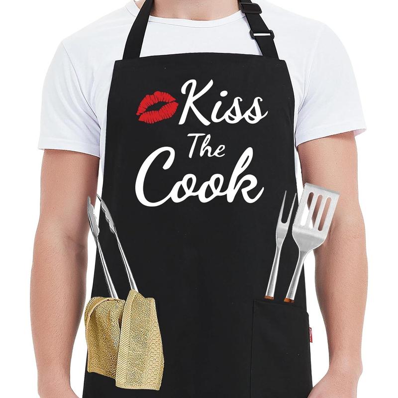 Funny Aprons for Women Men - Kiss the Cook Apron - Funny Chef Cooking BBQ Grill Aprons with 2 Pockets - Birthday Mothers Day Gifts for Mom, Wife - Fathers Day Christmas Gifts for Dad, Husband