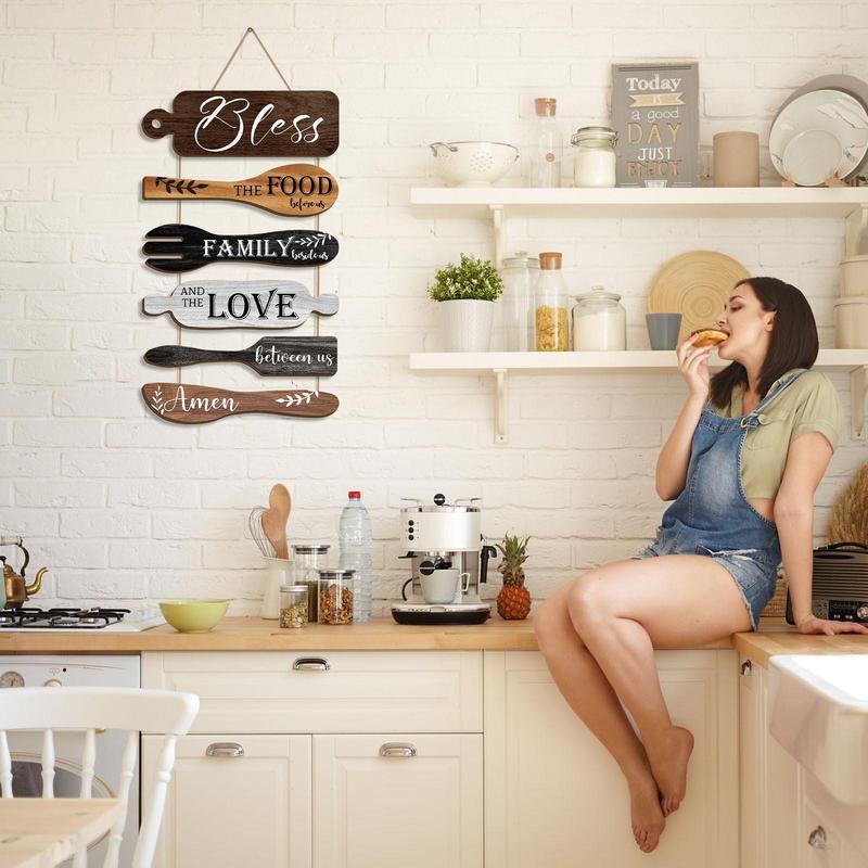 Wooden Kitchen Wall Decor, 1 Set Letter & Kitchen Utensils Pattern Wall Art  Decoration  with Rope, Wall Decor for Home Kitchen Dining Room