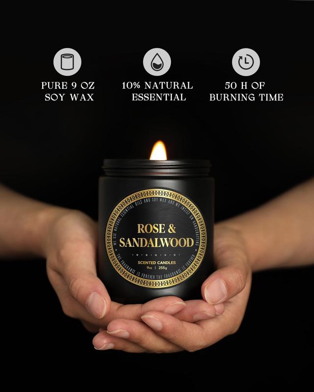 Scented Candles for Men - Rose & Sandalwood Candles for Home Scented | Crackling Wood Wick Soy Candles | Strong Fragranced Masculine Black Candle Gift for Women & Men, 9oz Aroma Decor Perfume Boyfriend Christmas Cozy Jar Mint Freshener Ornaments