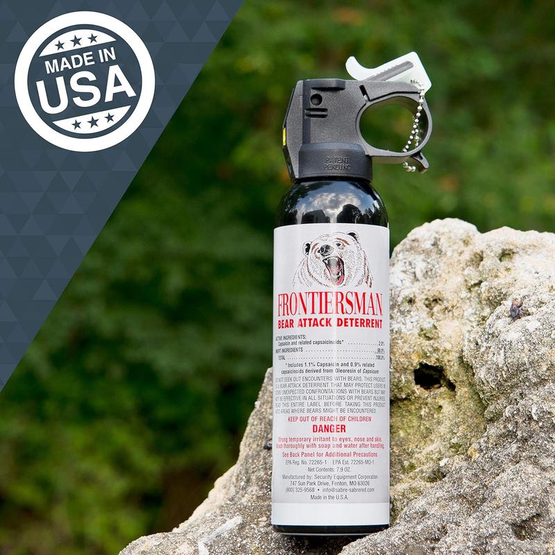 SABRE Frontiersman 7.9 Fl Oz. Bear Spray, Maximum Strength 2.0% Major Capsaicinoids, Powerful 30 Ft. Range Bear Deterrent, Outdoor Camping & Hiking Protection, Quick Draw Holster & Multipack Options SABRE