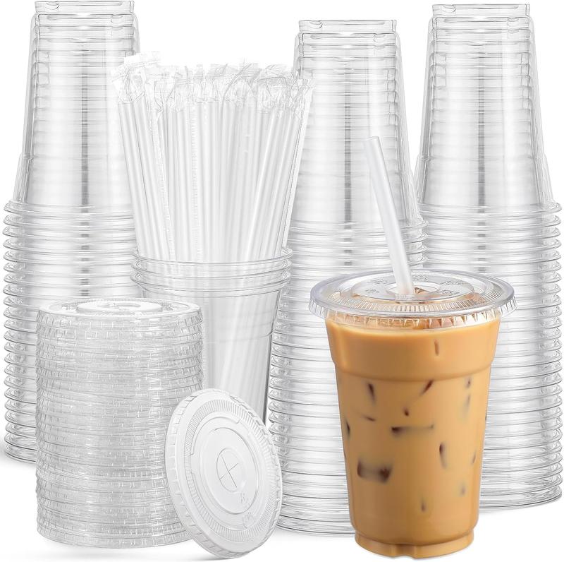 [100 Sets] 24 oz Clear Plastic Cups With Lids and Straws, Disposable Cups With Lids for Iced Coffee, Smoothie, Milkshake and Cold Drinks