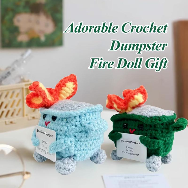 Emotional Support Dumpster- Handmade Crochet Dumpster Fire Doll, Christmas Dumpster Fire Knitting Toy Ornaments with Positive Card, Handmade Emotional Support Crochet Gift Desk Decor,Christmas Stocking Stuffers (Green)