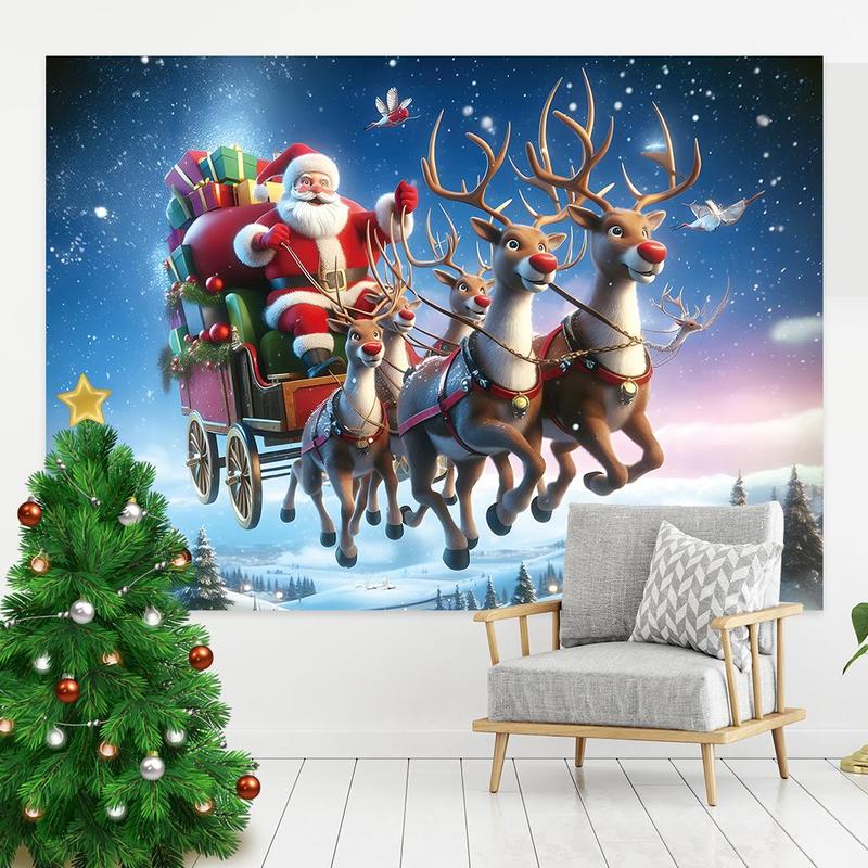 Christmas Themed Backdrop, 1 Count Santa Claus & Reindeer Pattern Backdrop, Party Decoration Supplies for Home Living Room Yard