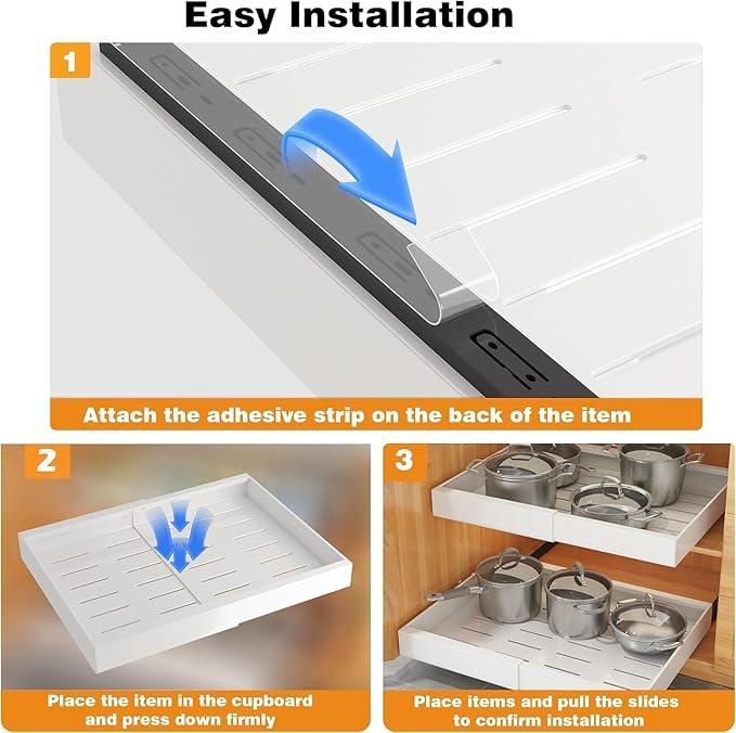 Pull Out Cabinet Organizer Drawers: Expandable Slide Out Shelves Fixed with Adhesive Nano Film