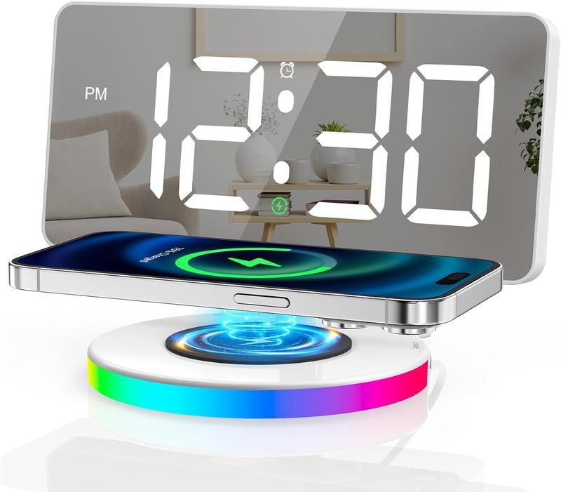 Digital Alarm Clock with Wireless Charging, Mirrored LED Clock for Bedroom Decor with 5 Brightness+OFF, USB Charger, Progressive Volume, Dimmable Light Alarm Clock for Home, Bedroom Office Decor Set Colorful Rgb Traditional