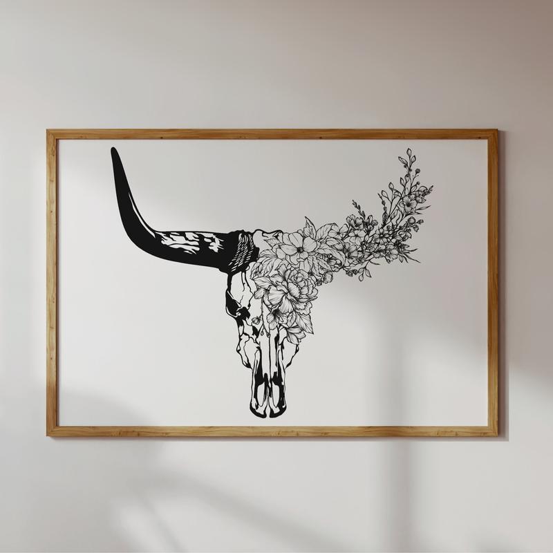 Longhorn Bull Skull Print | Horizontal Cow Skull with Flowers Poster No Frame | Southwestern Art | Western Desert House Decor