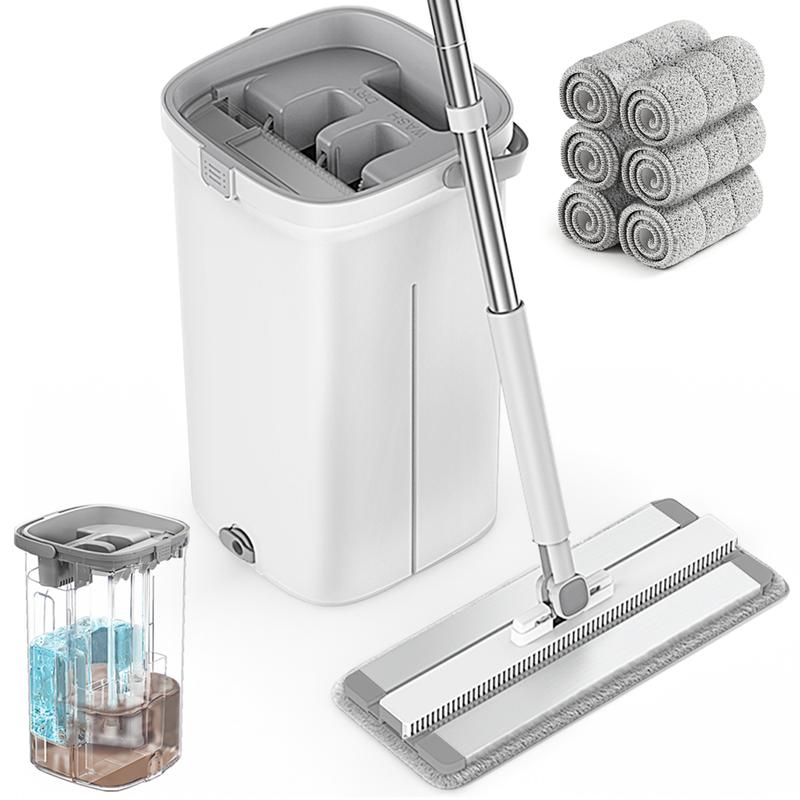 Sewage and Clean Water Separated Flat Floor Mop and Bucket Set with Wringer and 4 6 Microfiber Pads wet  mop