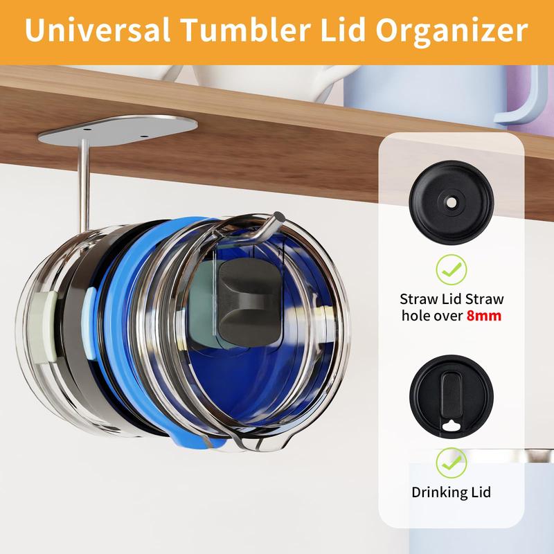 Tumbler lid Organizer, 2 Counts Kitchen Cup Lid Organizer Inside Cabinet, Water Bottle Lid Holder, Self-Adhesive or Drilling Multi-Functional Storage Hook for Wall