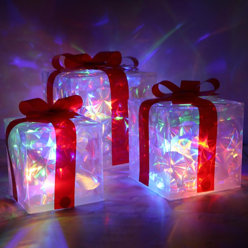 Set Of 3 Christmas Lighted Gift Boxes, Pre-lit Xmas Tree Skirt Ornament, Light Up Indoor Christmas Pathway Present Box Holiday Party Yard Decorations