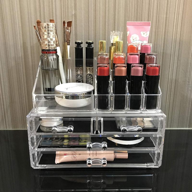 Acrylic Makeup Organizer with 4 Drawers and Removable Top Lipstick Holders, Ideal for Make-up or Accessories,Enhance Your Vanity or Bathroom with Clear Design for Quick Visibility