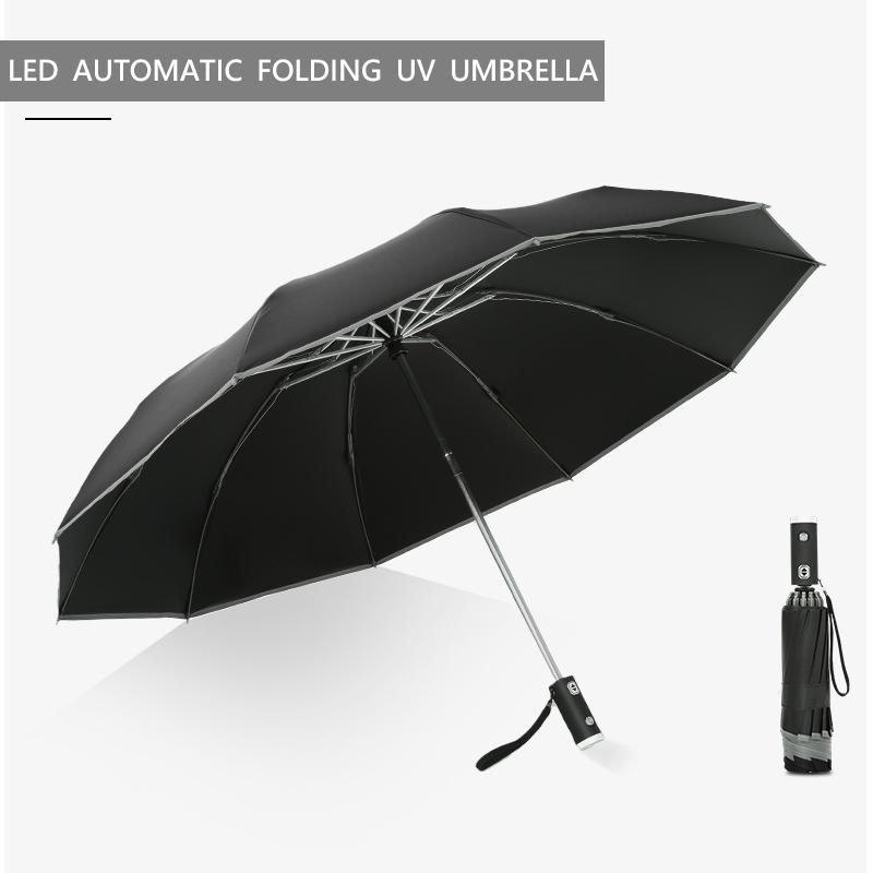 LED Light Automatic Folding Umbrella, Reflective Handle Foldable Portable Waterproof Parasols UV Protection Windproof Aluminum Cover outdoor