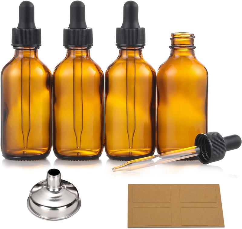 4 Pack, 2 oz Dropper Bottles with 1 Funnel & 4 Labels - 60ml Thick Dark Amber Glass Tincture Bottles with Eye Droppers - Leakproof Essential Oils Bottles