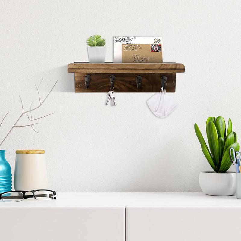 Unique Rustic Key Holder for Wall - Farmhouse Wall Shelf with 4 Hooks, Wall Mounted Key Racks. Durable Wooden Mail Organizer with Hooks for Entryway - Must-Have Accessory