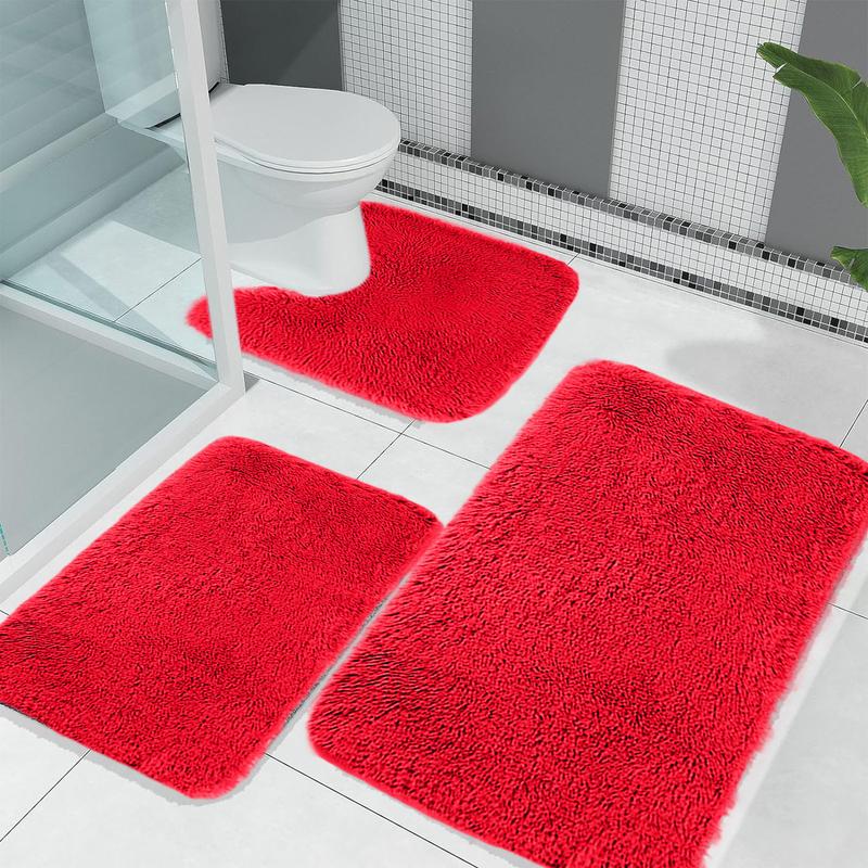 Bathroom Rugs Sets 3 Piece, RED Microfiber Luxury Shaggy Bathroom Mats Set Extra Thick, Mixed Color Non Slip Bath Mats for Bathroom, Water Absorbent, Washable Khaki Bath Rugs for Tub, Toilet and Floor