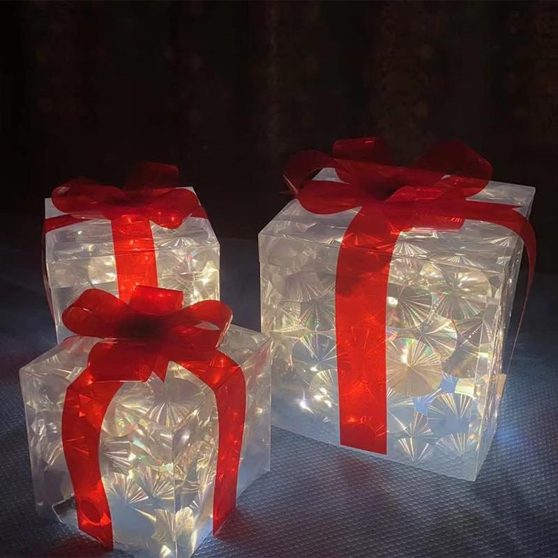 Set Of 3 Christmas Lighted Gift Boxes, Pre-lit Xmas Tree Skirt Ornament, Light Up Indoor Christmas Pathway Present Box Holiday Party Yard Decorations