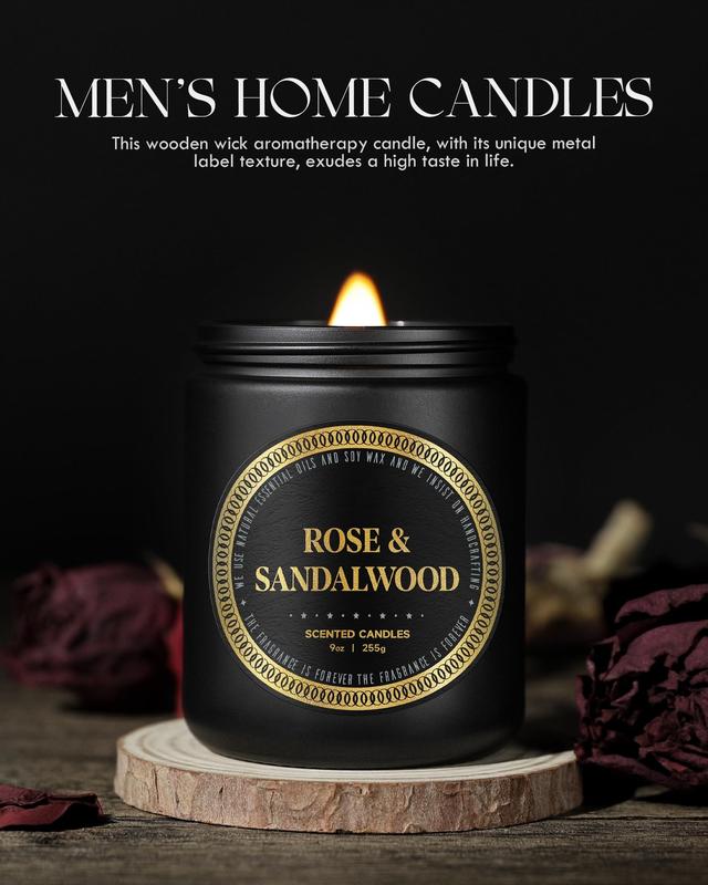 Scented Candles for Men - Rose & Sandalwood Candles for Home Scented | Crackling Wood Wick Soy Candles | Strong Fragranced Masculine Black Candle Gift for Women & Men, 9oz Aroma Decor Perfume Boyfriend Christmas Cozy Jar Mint Freshener Ornaments