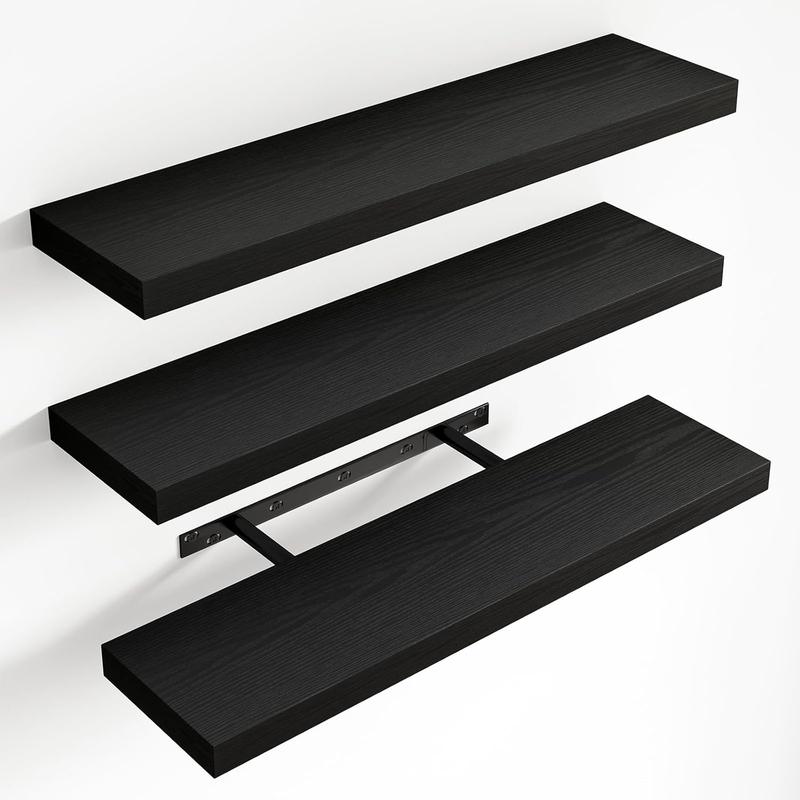 Fixwal 23.6in Floating Shelves for Wall, Set of 3 Wood Shelves, Wall Shelf Farmhouse Shelf for Bathroom, Bedroom, Living and Kitchen Room (Black)