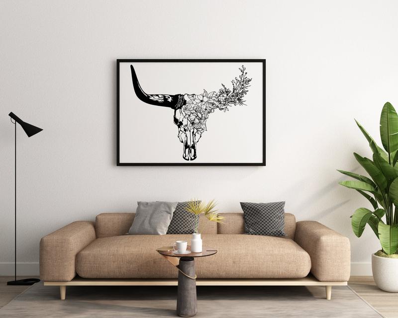 Longhorn Bull Skull Print | Horizontal Cow Skull with Flowers Poster No Frame | Southwestern Art | Western Desert House Decor